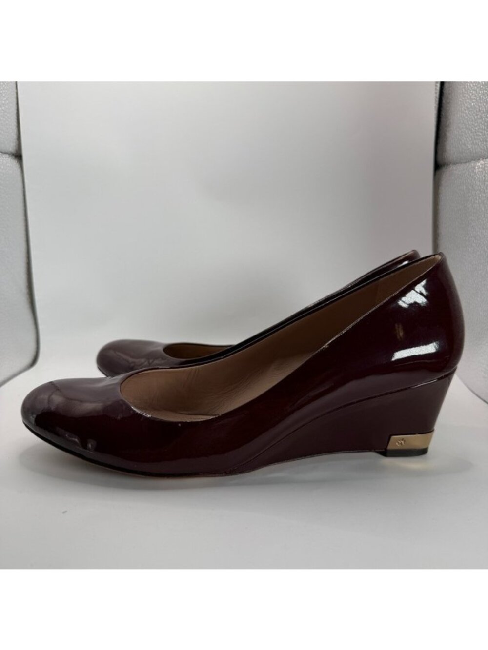 Tory Burch Leather Wedge Pumps Shoes Women Size 9.5 Burgundy Red Round Toe - Picture 4 of 8